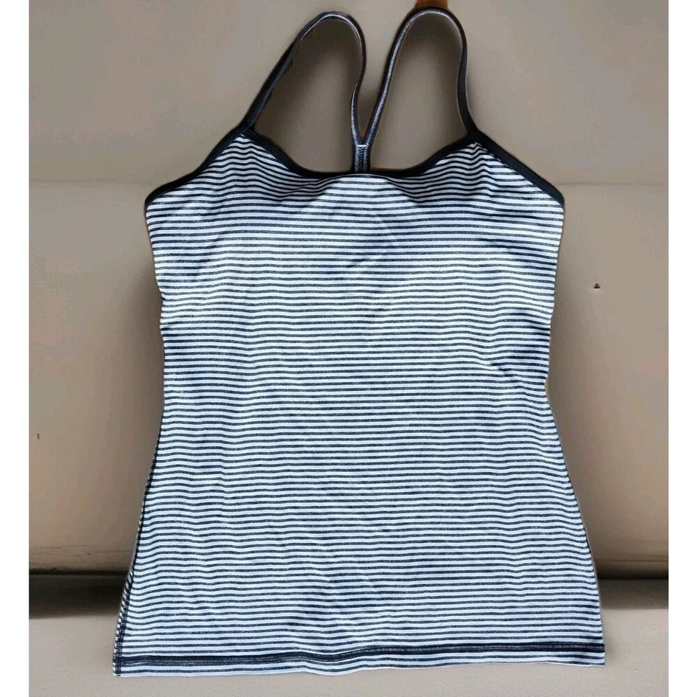 Lululemon Black/Gray Striped Spaghetti Strap Racer Back Padded Tank Top Sz 10